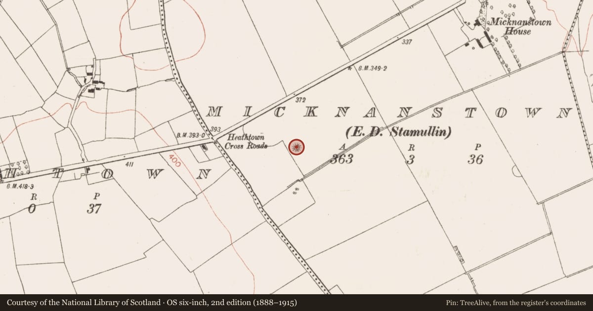 Ordnance Survey six-inch map, 2nd edition (1888–1915) covering the location of Barrow - mound barrow, Micknanstown (Duleek Upper By., Clonalvy Par.), County Meath, with a pin at the register's coordinates
