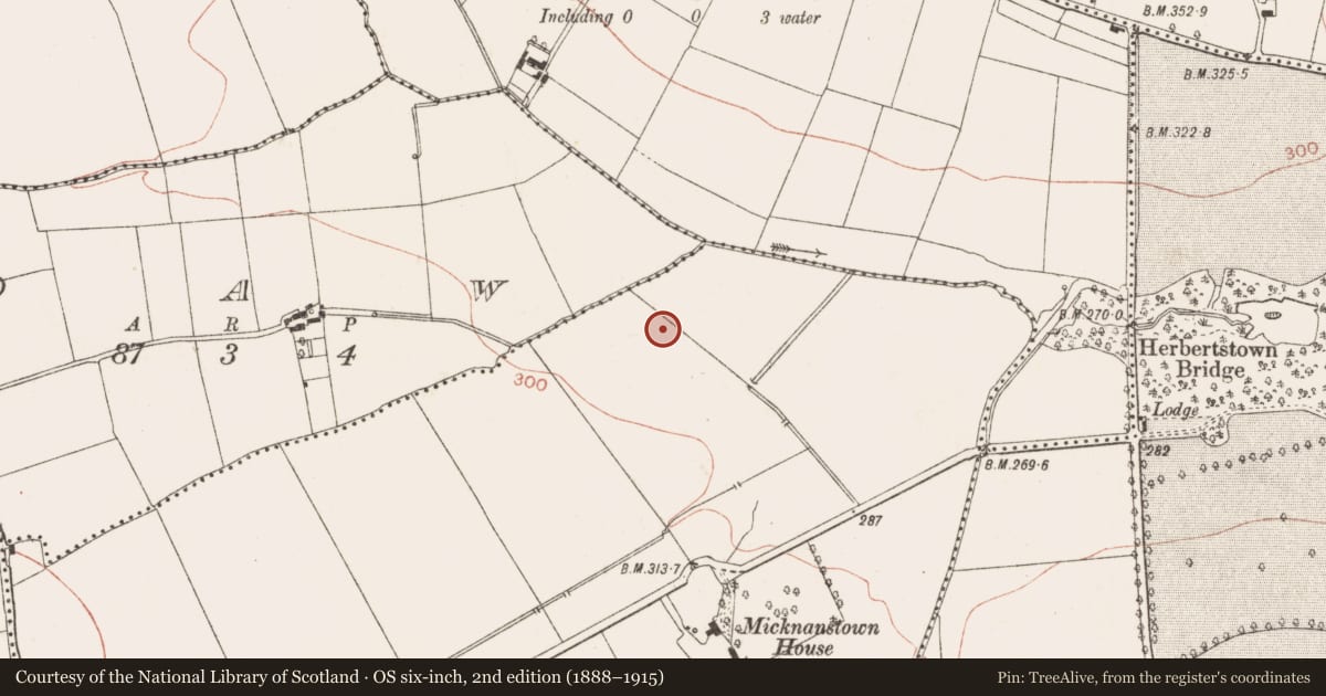 Ordnance Survey six-inch map, 2nd edition (1888–1915) covering the location of Barrow - mound barrow, Micknanstown (Duleek Upper By., Clonalvy Par.), County Meath, with a pin at the register's coordinates