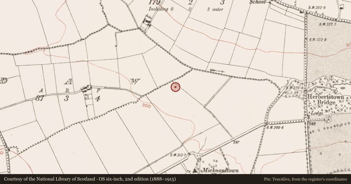 Ordnance Survey six-inch map, 2nd edition (1888–1915) covering the location of Barrow - mound barrow, Micknanstown (Duleek Upper By., Clonalvy Par.), County Meath, with a pin at the register's coordinates