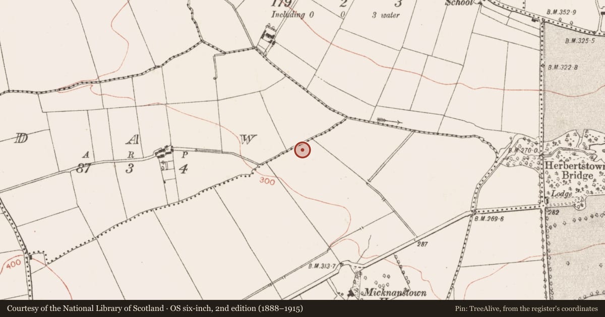 Ordnance Survey six-inch map, 2nd edition (1888–1915) covering the location of Barrow - mound barrow, Micknanstown (Duleek Upper By., Clonalvy Par.), County Meath, with a pin at the register's coordinates