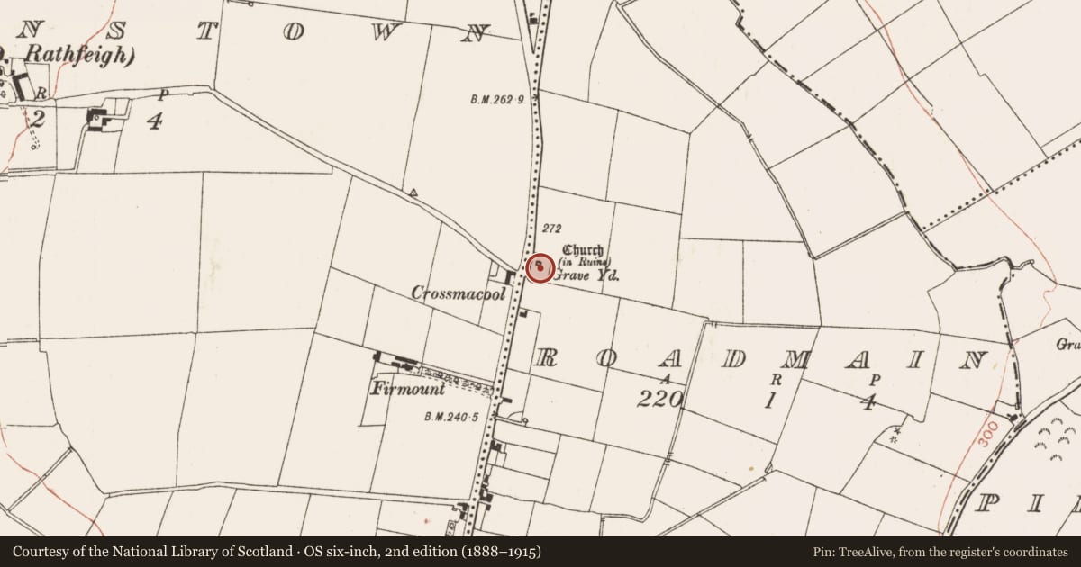 Ordnance Survey six-inch map, 2nd edition (1888–1915) covering the location of Church, Roadmain, County Meath, with a pin at the register's coordinates