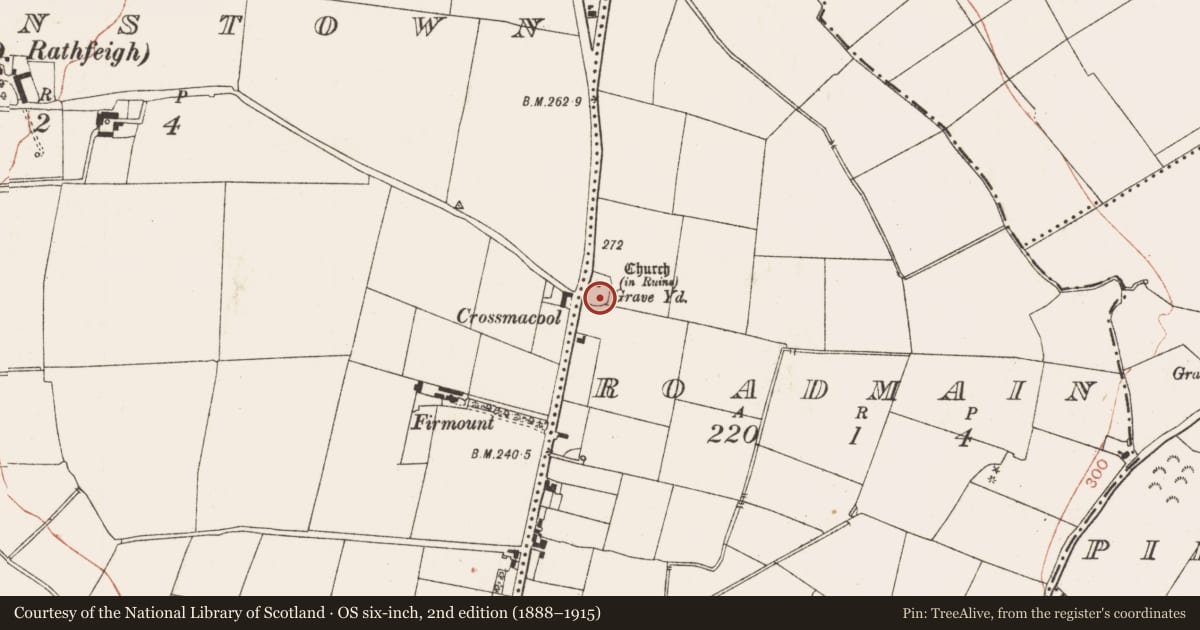 Ordnance Survey six-inch map, 2nd edition (1888–1915) covering the location of Graveyard, Roadmain, County Meath, with a pin at the register's coordinates