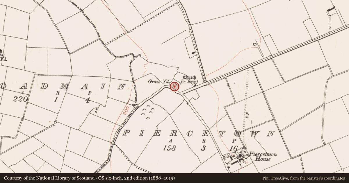 Ordnance Survey six-inch map, 2nd edition (1888–1915) covering the location of Church, Piercetown, County Meath, with a pin at the register's coordinates