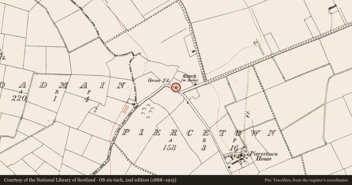 Ordnance Survey six-inch map, 2nd edition (1888–1915) covering the location of Graveyard, Piercetown, County Meath, with a pin at the register's coordinates