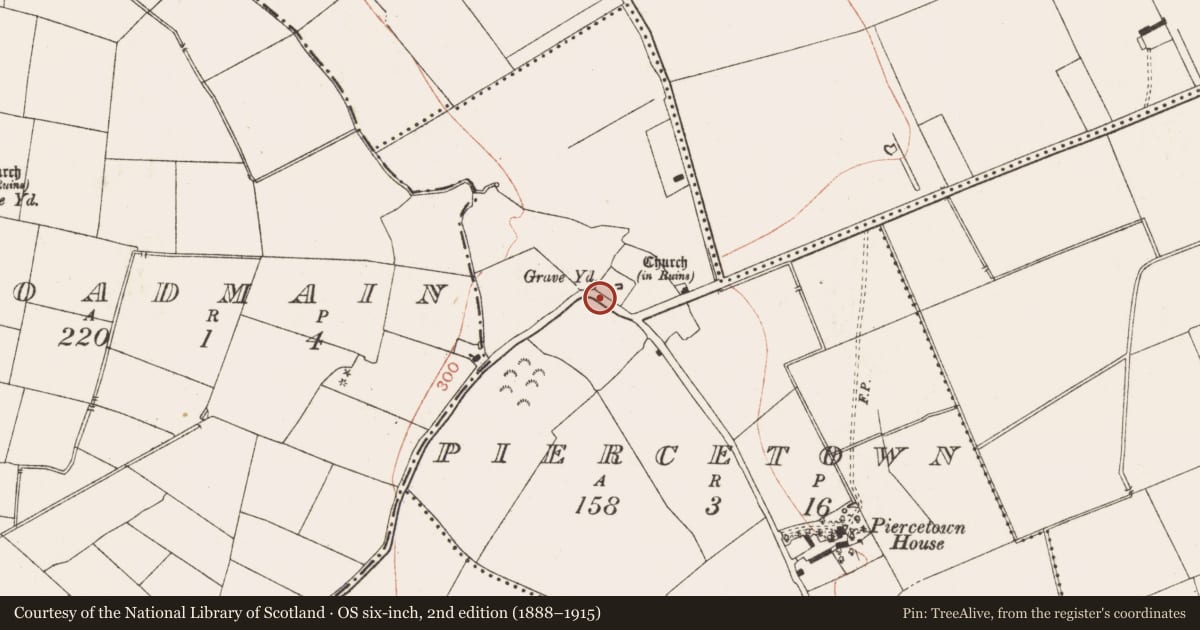 Ordnance Survey six-inch map, 2nd edition (1888–1915) covering the location of Font, Piercetown, County Meath, with a pin at the register's coordinates
