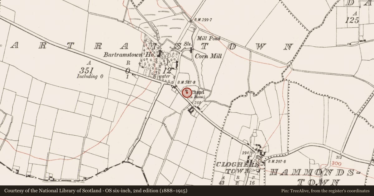 Ordnance Survey six-inch map, 2nd edition (1888–1915) covering the location of Church, Bartramstown, County Meath, with a pin at the register's coordinates