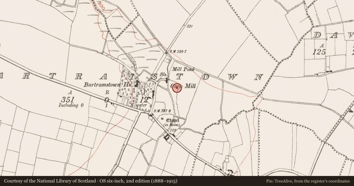 Ordnance Survey six-inch map, 2nd edition (1888–1915) covering the location of Field system, Bartramstown, County Meath, with a pin at the register's coordinates