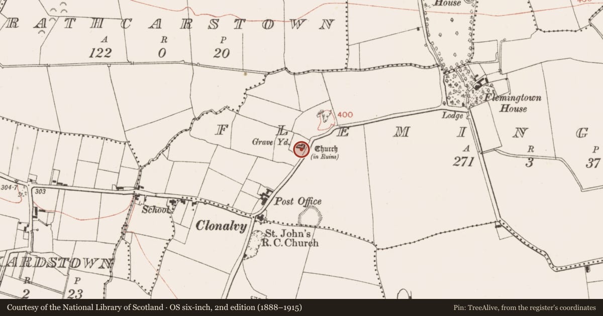 Ordnance Survey six-inch map, 2nd edition (1888–1915) covering the location of Church, Flemingtown, County Meath, with a pin at the register's coordinates