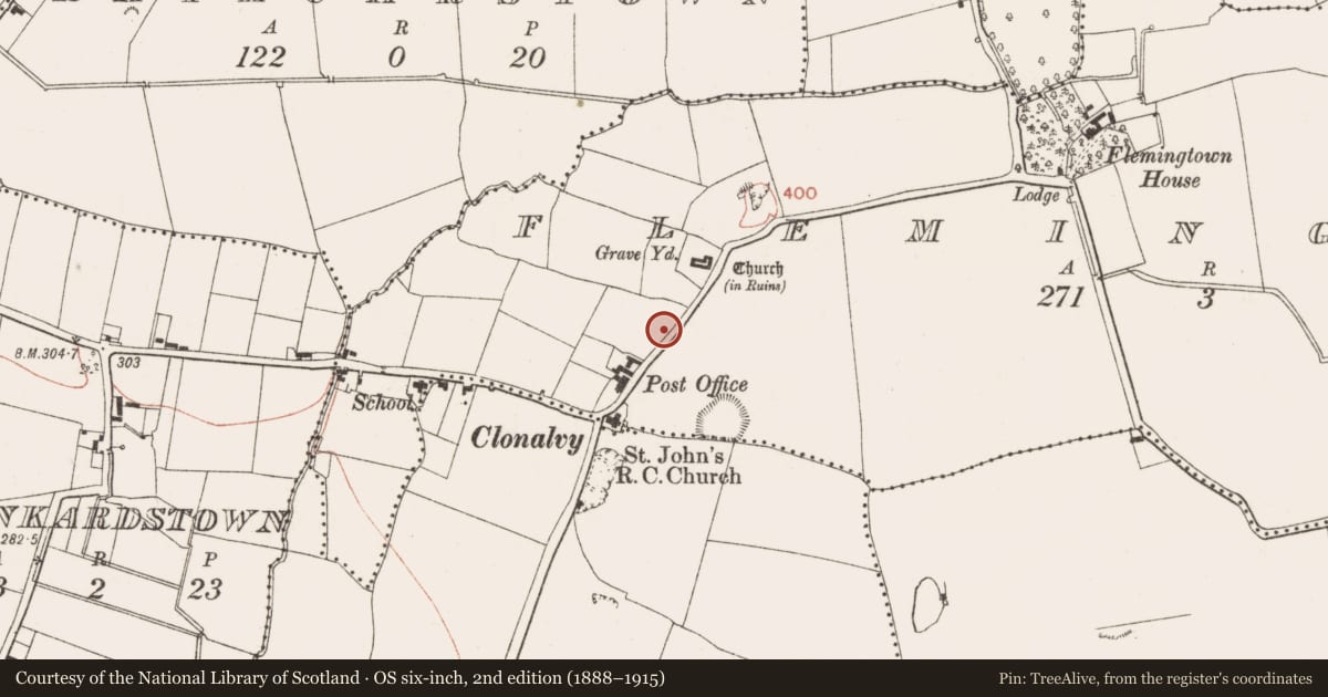 Ordnance Survey six-inch map, 2nd edition (1888–1915) covering the location of Souterrain, Flemingtown, County Meath, with a pin at the register's coordinates