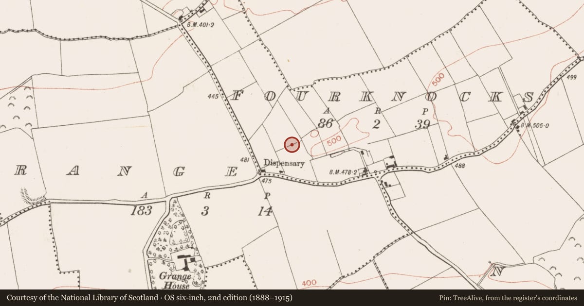 Ordnance Survey six-inch map, 2nd edition (1888–1915) covering the location of Passage tomb art, Fourknocks, County Meath, with a pin at the register's coordinates