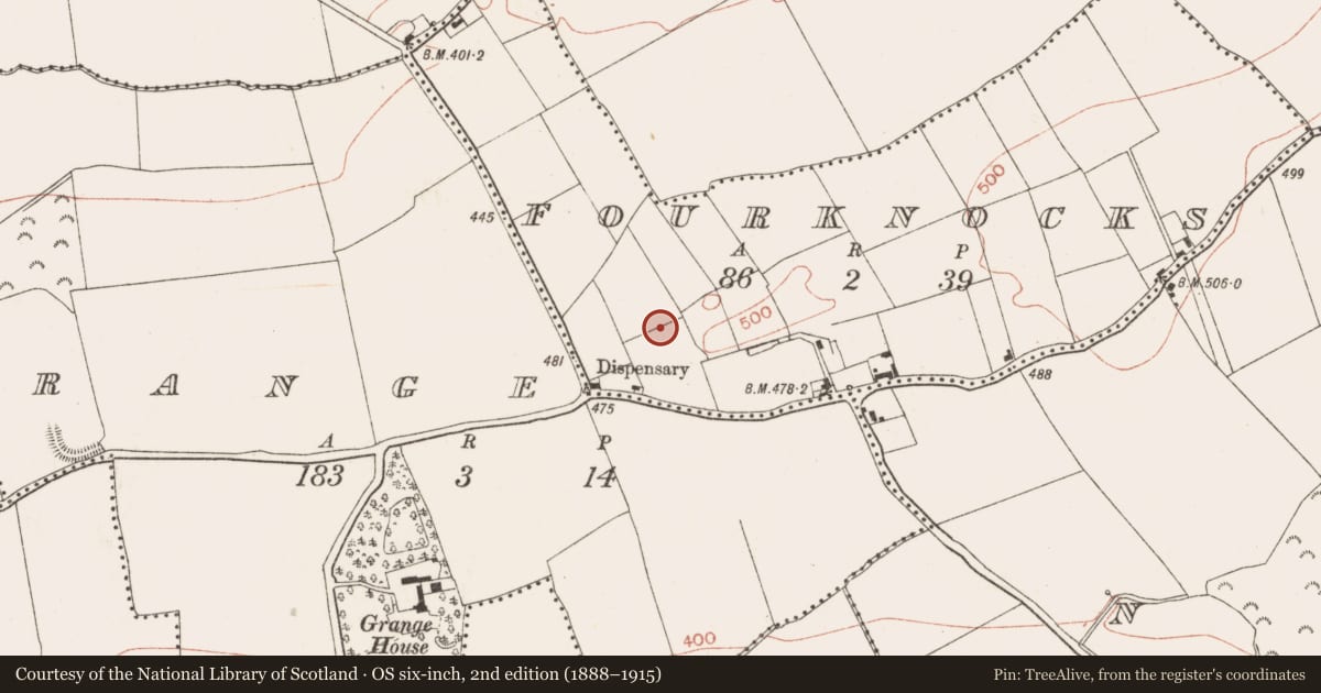 Ordnance Survey six-inch map, 2nd edition (1888–1915) covering the location of Cist, Fourknocks, County Meath, with a pin at the register's coordinates