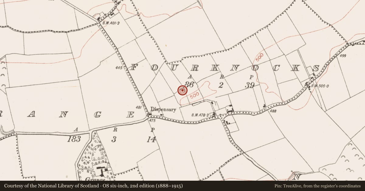 Ordnance Survey six-inch map, 2nd edition (1888–1915) covering the location of Cist, Fourknocks, County Meath, with a pin at the register's coordinates