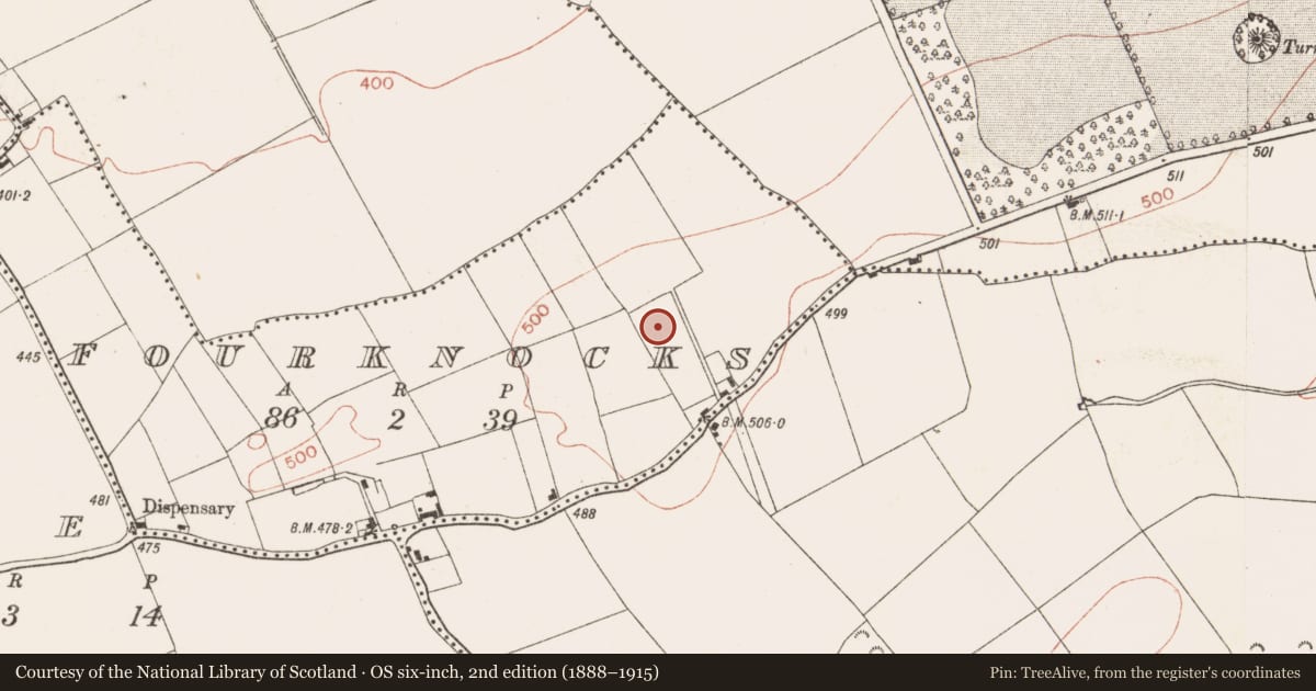 Ordnance Survey six-inch map, 2nd edition (1888–1915) covering the location of Habitation site, Fourknocks, County Meath, with a pin at the register's coordinates