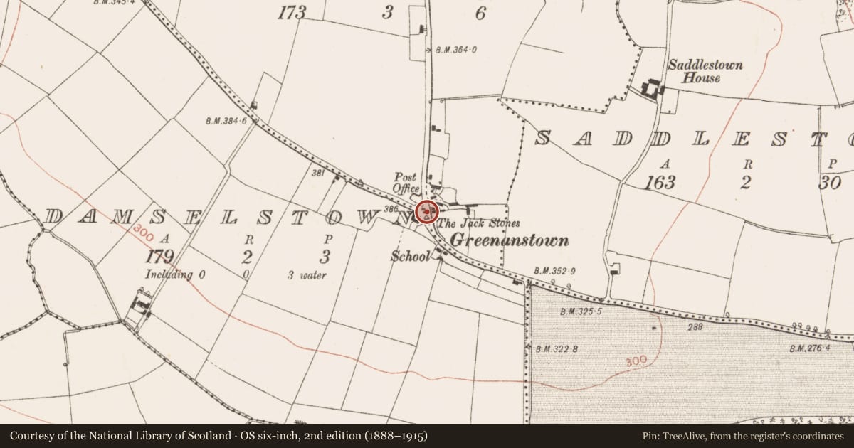 Ordnance Survey six-inch map, 2nd edition (1888–1915) covering the location of Stone circle, Damselstown, Greenanstown, County Meath, with a pin at the register's coordinates