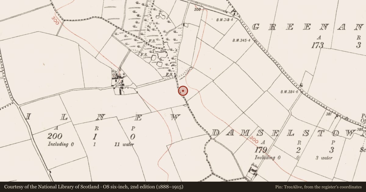 Ordnance Survey six-inch map, 2nd edition (1888–1915) covering the location of Burnt mound, Damselstown, County Meath, with a pin at the register's coordinates