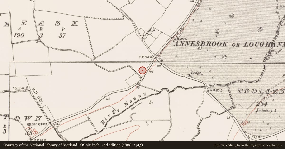 Ordnance Survey six-inch map, 2nd edition (1888–1915) covering the location of Ring-ditch, Deenes, County Meath, with a pin at the register's coordinates