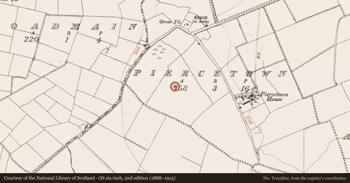 Ordnance Survey six-inch map, 2nd edition (1888–1915) covering the location of Enclosure, Piercetown, County Meath, with a pin at the register's coordinates