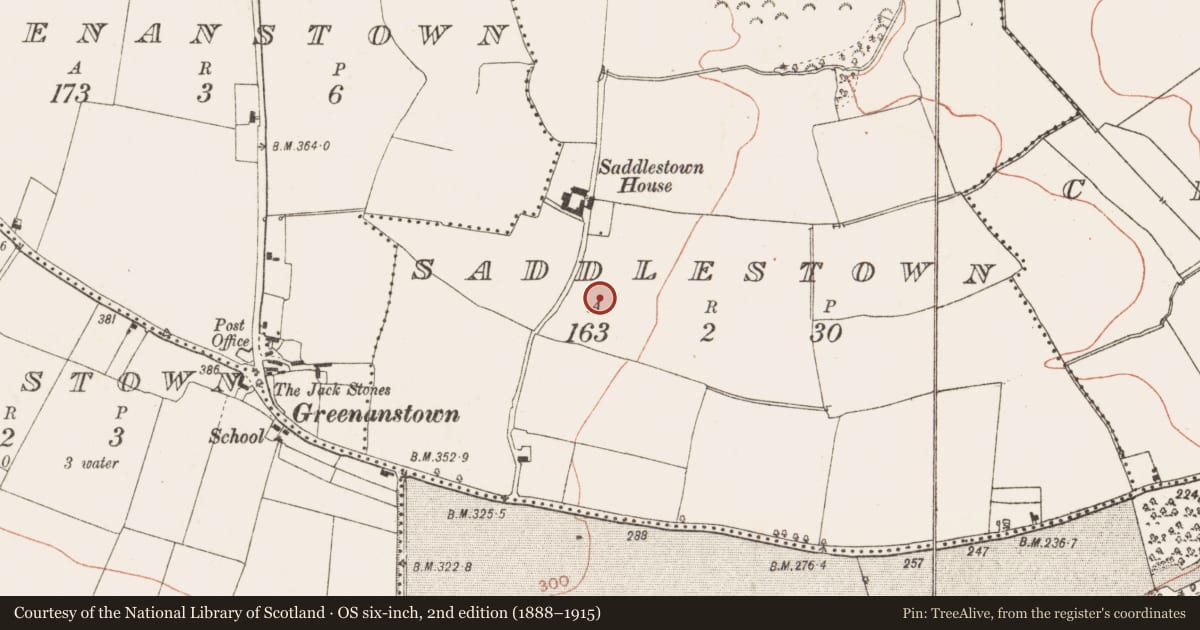 Ordnance Survey six-inch map, 2nd edition (1888–1915) covering the location of Ringfort - rath, Saddlestown, County Meath, with a pin at the register's coordinates