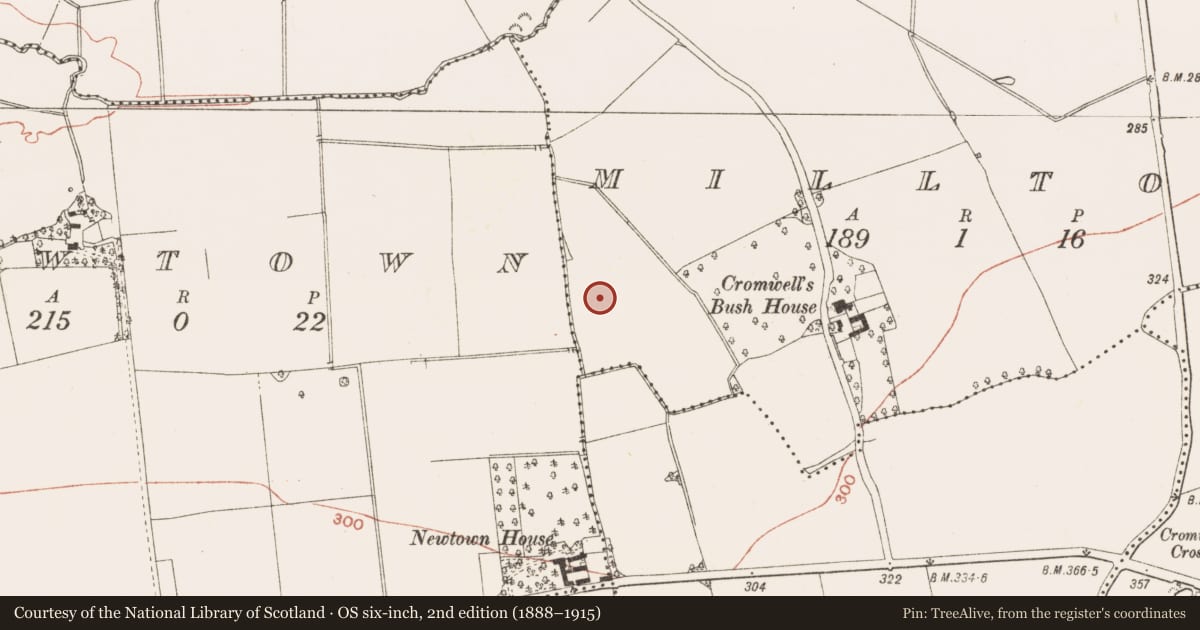 Ordnance Survey six-inch map, 2nd edition (1888–1915) covering the location of Enclosure - large enclosure, Milltown, County Meath, with a pin at the register's coordinates