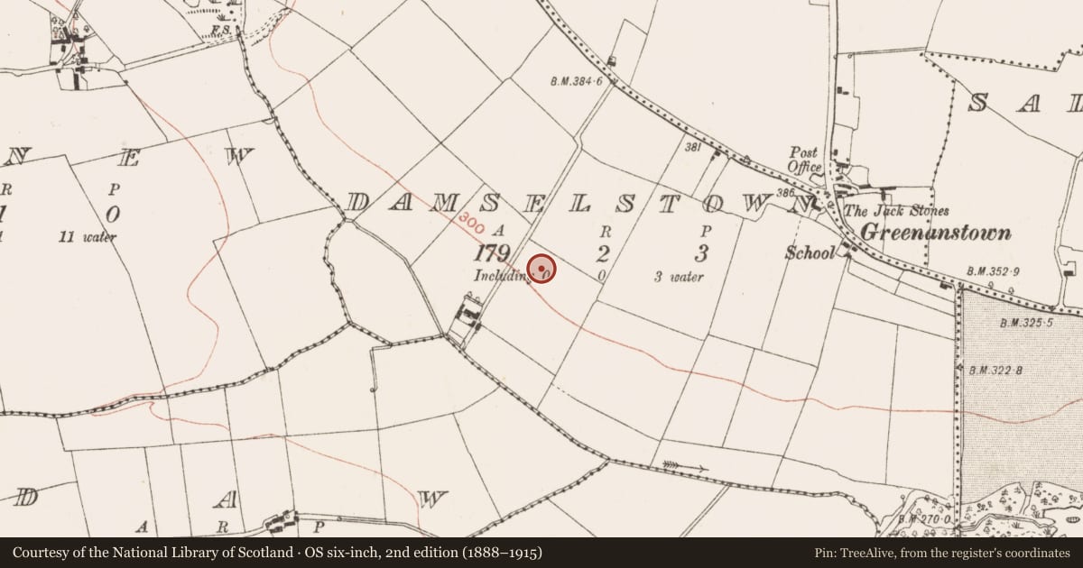 Ordnance Survey six-inch map, 2nd edition (1888–1915) covering the location of Enclosure, Damselstown, County Meath, with a pin at the register's coordinates