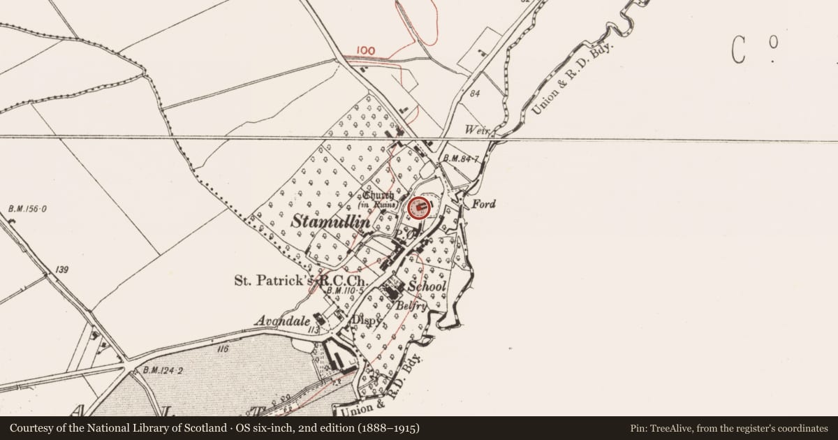 Ordnance Survey six-inch map, 2nd edition (1888–1915) covering the location of Church, Stamullin, County Meath, with a pin at the register's coordinates