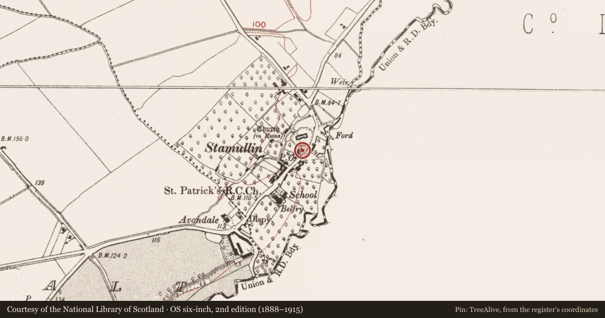 Ordnance Survey six-inch map, 2nd edition (1888–1915) covering the location of House - medieval, Stamullin, County Meath, with a pin at the register's coordinates