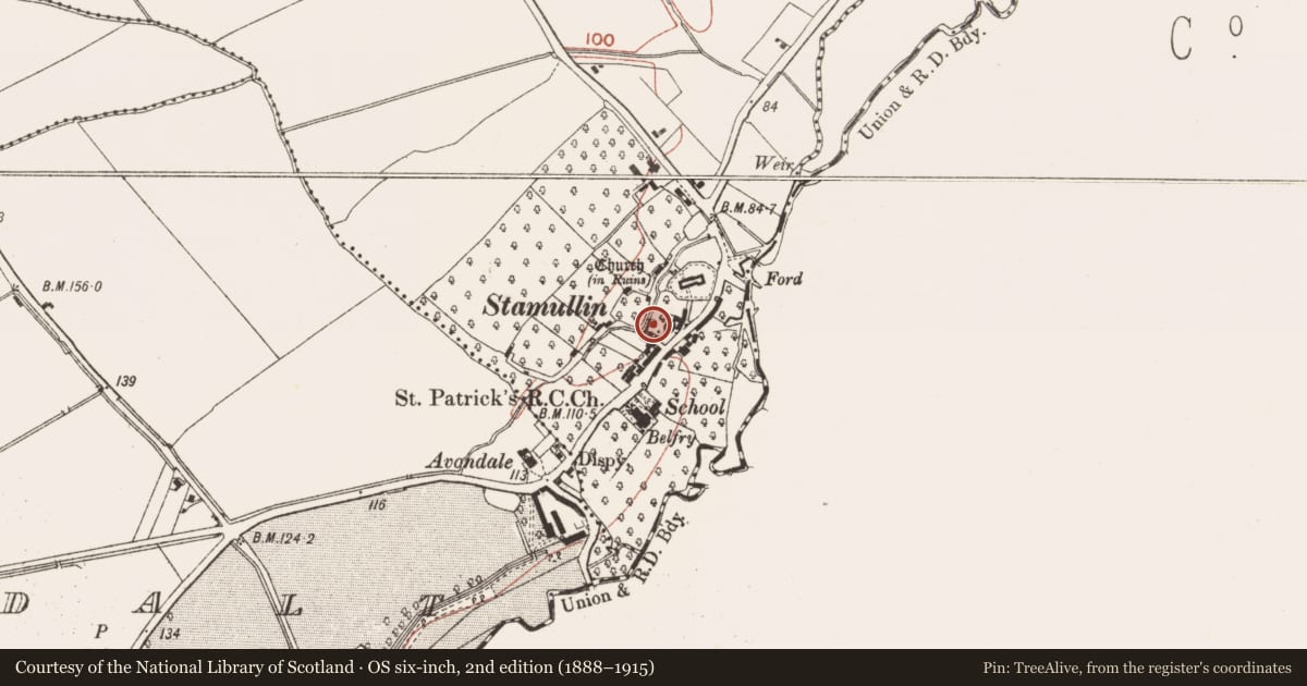 Ordnance Survey six-inch map, 2nd edition (1888–1915) covering the location of Ecclesiastical enclosure, Stamullin, County Meath, with a pin at the register's coordinates