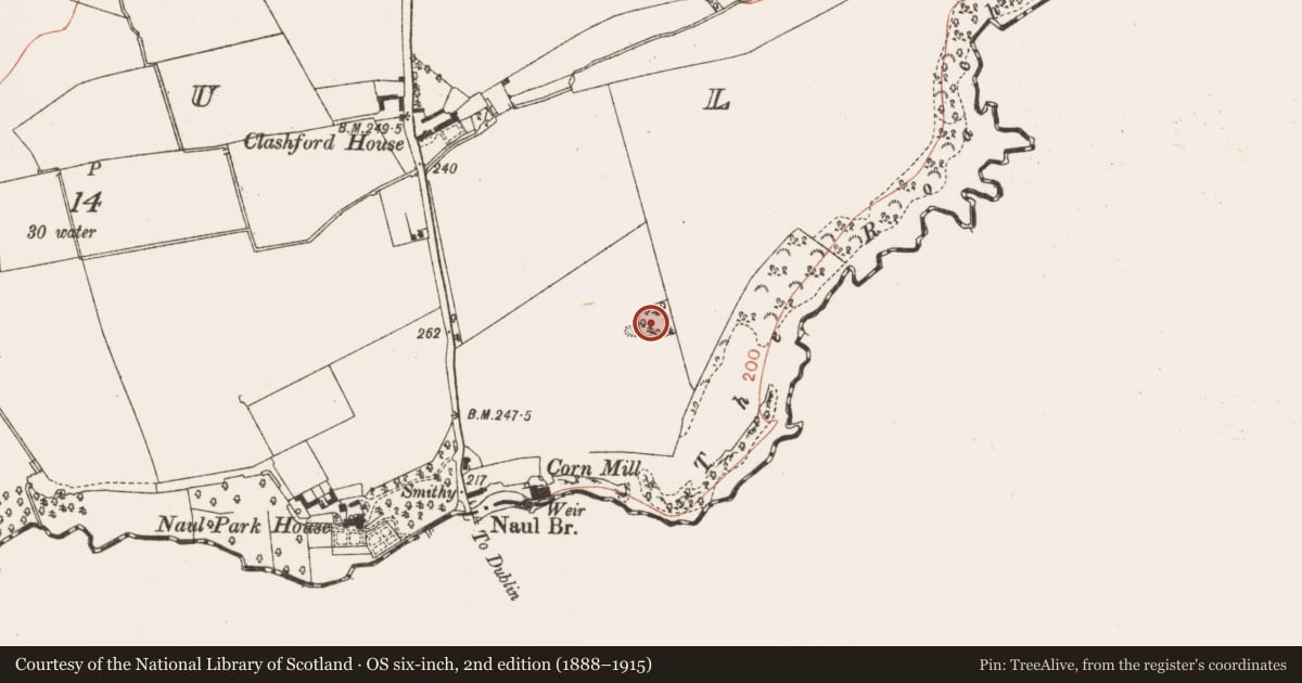Ordnance Survey six-inch map, 2nd edition (1888–1915) covering the location of Megalithic tomb - unclassified, Naul, County Meath, with a pin at the register's coordinates