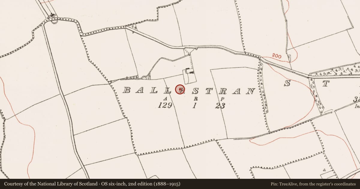 Ordnance Survey six-inch map, 2nd edition (1888–1915) covering the location of Ring-ditch, Ballestran, County Meath, with a pin at the register's coordinates