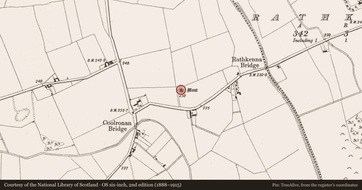 Ordnance Survey six-inch map, 2nd edition (1888–1915) covering the location of Castle - motte and bailey, Coolronan, County Meath, with a pin at the register's coordinates