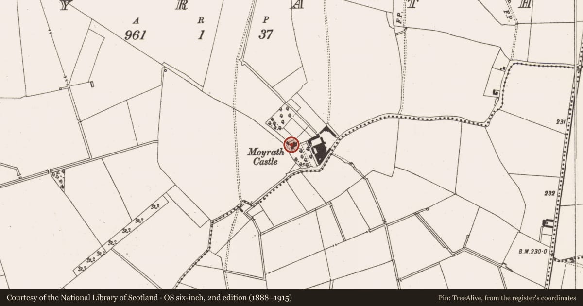 Ordnance Survey six-inch map, 2nd edition (1888–1915) covering the location of Castle - tower house, Moyrath, County Meath, with a pin at the register's coordinates