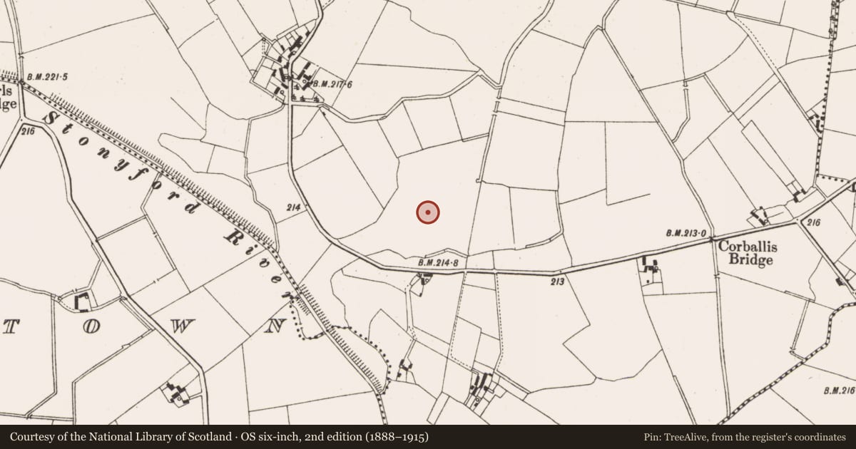 Ordnance Survey six-inch map, 2nd edition (1888–1915) covering the location of Enclosure - large enclosure, Corballis, County Meath, with a pin at the register's coordinates
