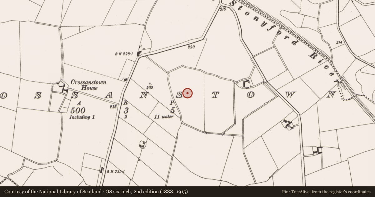 Ordnance Survey six-inch map, 2nd edition (1888–1915) covering the location of Enclosure, Crossanstown, County Meath, with a pin at the register's coordinates