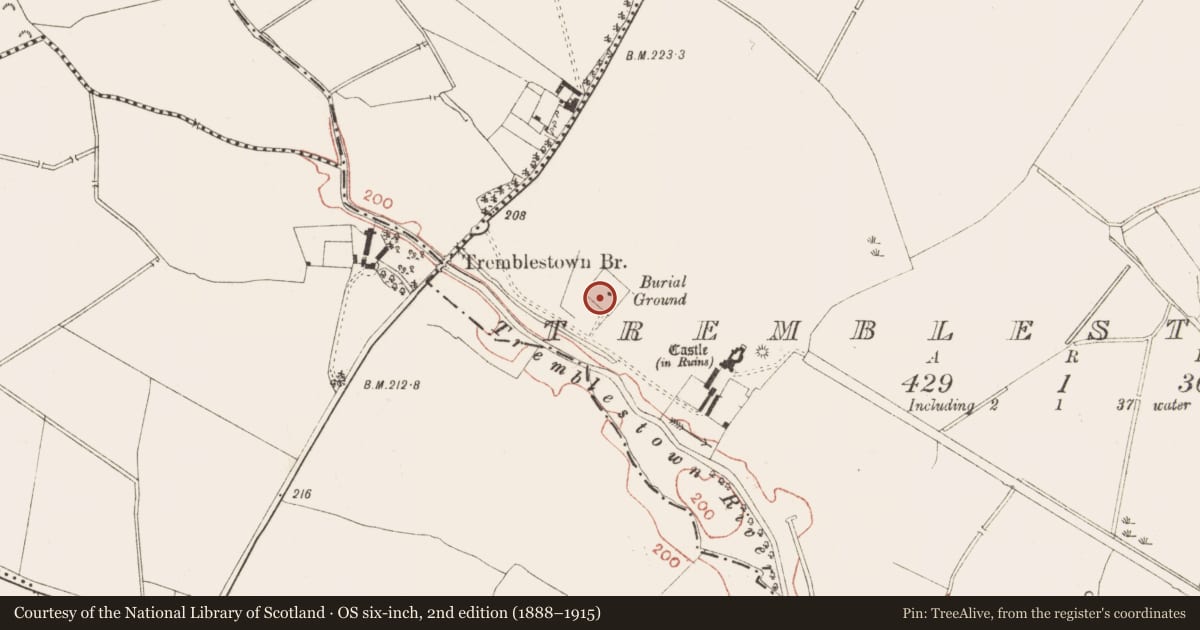 Ordnance Survey six-inch map, 2nd edition (1888–1915) covering the location of Font, Tremblestown, County Meath, with a pin at the register's coordinates