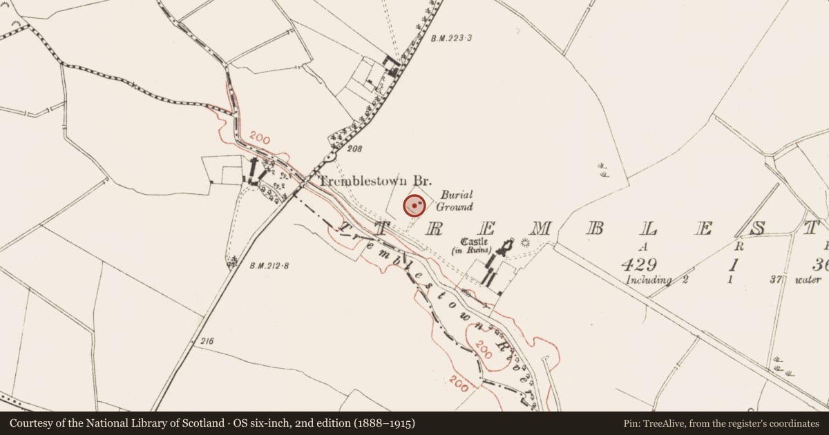 Ordnance Survey six-inch map, 2nd edition (1888–1915) covering the location of Graveslab, Tremblestown, County Meath, with a pin at the register's coordinates