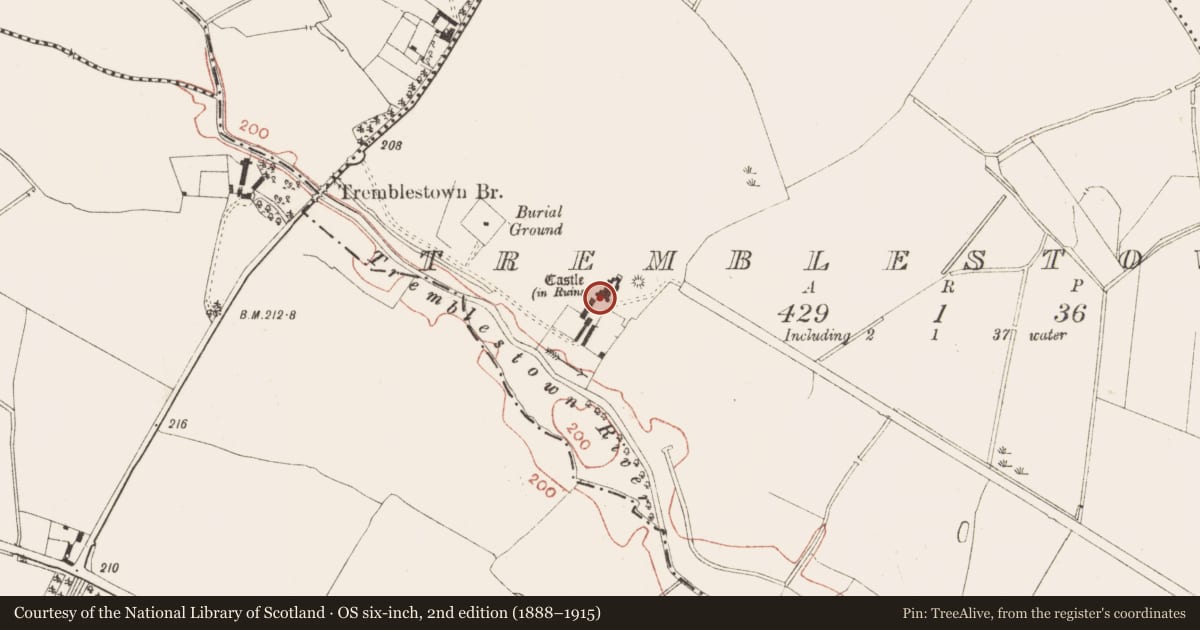 Ordnance Survey six-inch map, 2nd edition (1888–1915) covering the location of Castle - tower house, Tremblestown, County Meath, with a pin at the register's coordinates