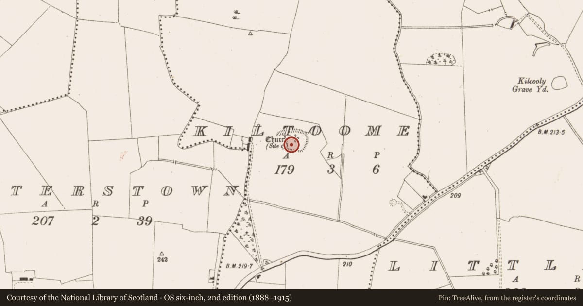 Ordnance Survey six-inch map, 2nd edition (1888–1915) covering the location of Ecclesiastical enclosure, Kiltoome, County Meath, with a pin at the register's coordinates