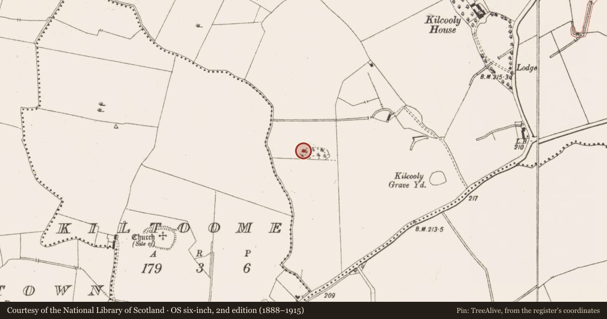 Ordnance Survey six-inch map, 2nd edition (1888–1915) covering the location of Field system, Kilcooly, County Meath, with a pin at the register's coordinates