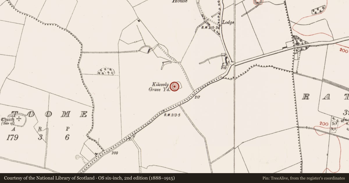 Ordnance Survey six-inch map, 2nd edition (1888–1915) covering the location of Church, Kilcooly, County Meath, with a pin at the register's coordinates
