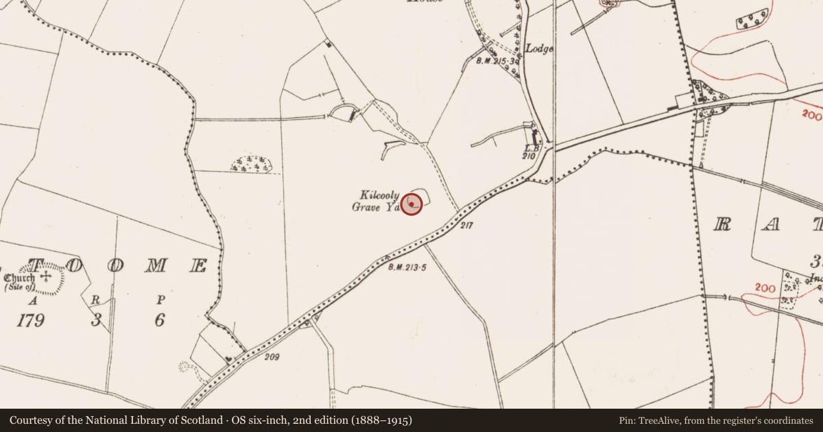 Ordnance Survey six-inch map, 2nd edition (1888–1915) covering the location of Graveyard, Kilcooly, County Meath, with a pin at the register's coordinates