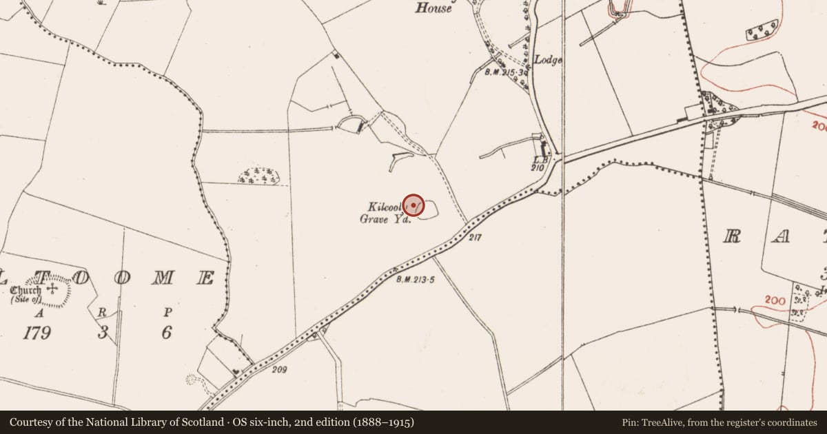 Ordnance Survey six-inch map, 2nd edition (1888–1915) covering the location of Ecclesiastical enclosure, Kilcooly, County Meath, with a pin at the register's coordinates