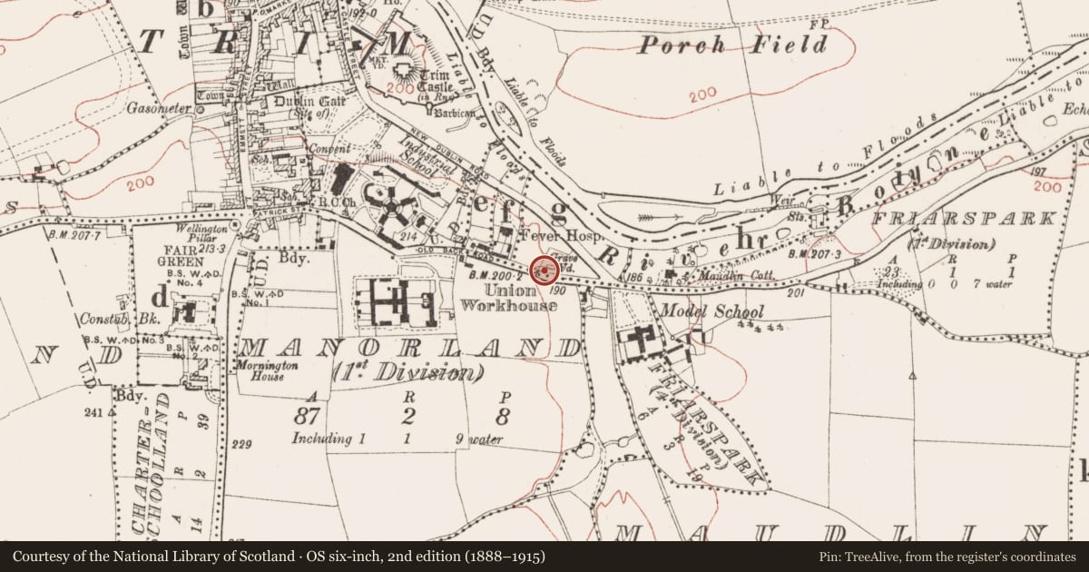 Ordnance Survey six-inch map, 2nd edition (1888–1915) covering the location of Church, Friaryland (3rd division), County Meath, with a pin at the register's coordinates