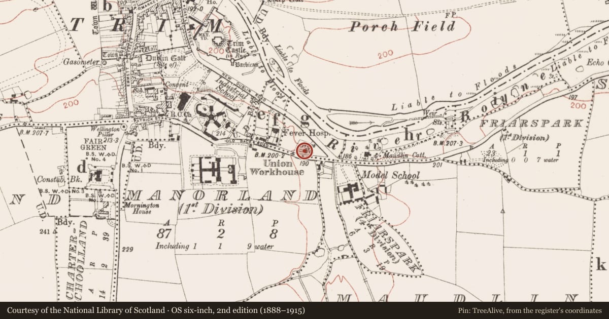 Ordnance Survey six-inch map, 2nd edition (1888–1915) covering the location of Graveyard, Friaryland (3rd division), County Meath, with a pin at the register's coordinates