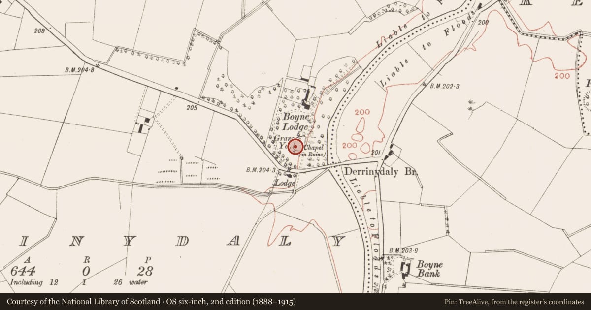 Ordnance Survey six-inch map, 2nd edition (1888–1915) covering the location of Graveyard, Derrinydaly, County Meath, with a pin at the register's coordinates