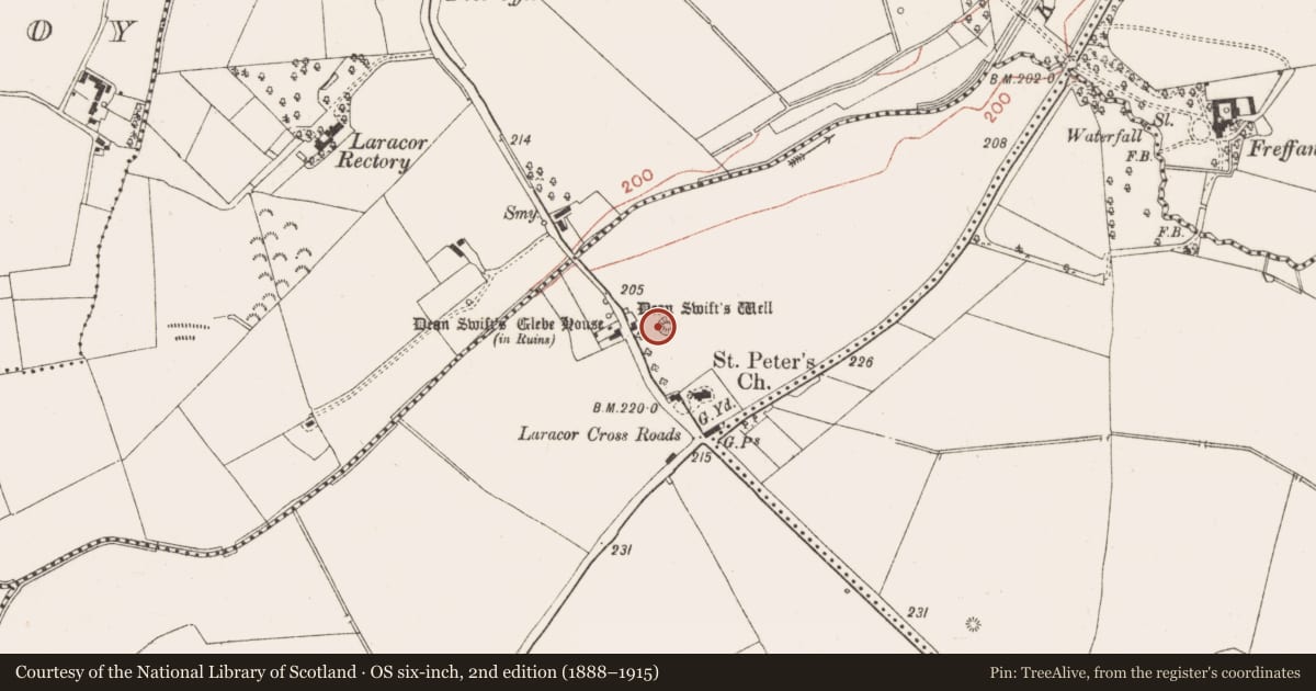 Ordnance Survey six-inch map, 2nd edition (1888–1915) covering the location of Castle - motte, Laracor, County Meath, with a pin at the register's coordinates