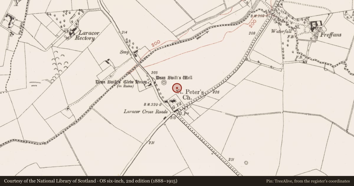 Ordnance Survey six-inch map, 2nd edition (1888–1915) covering the location of Ring-ditch, Laracor, County Meath, with a pin at the register's coordinates