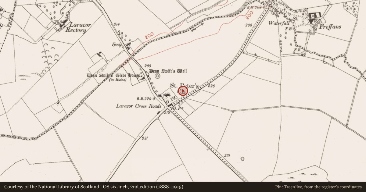 Ordnance Survey six-inch map, 2nd edition (1888–1915) covering the location of Settlement cluster, Laracor, County Meath, with a pin at the register's coordinates