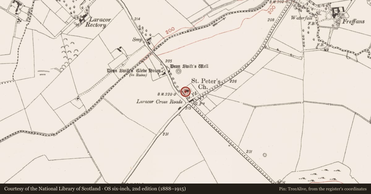 Ordnance Survey six-inch map, 2nd edition (1888–1915) covering the location of Church, Laracor, County Meath, with a pin at the register's coordinates