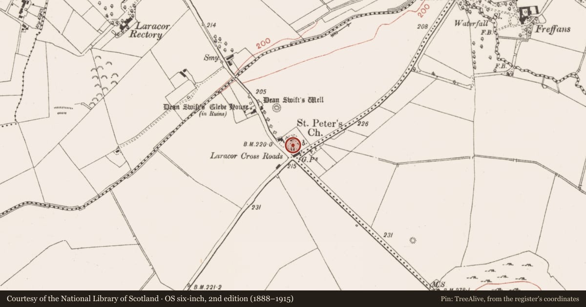 Ordnance Survey six-inch map, 2nd edition (1888–1915) covering the location of Graveyard, Laracor, County Meath, with a pin at the register's coordinates