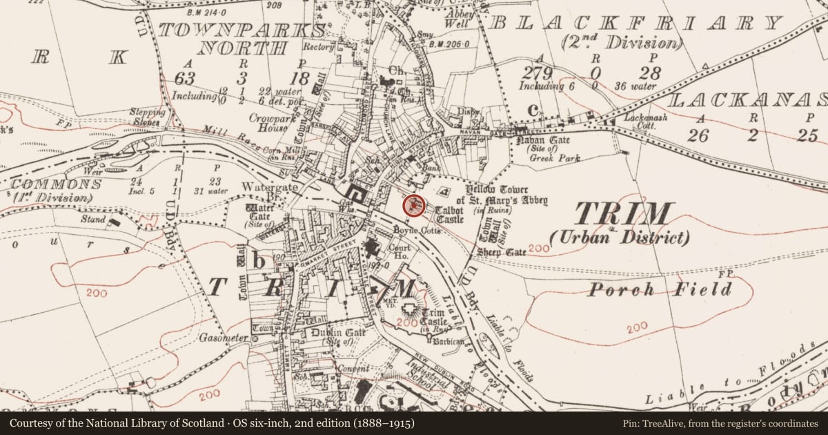 Ordnance Survey six-inch map, 2nd edition (1888–1915) covering the location of House - medieval, Blackfriary (2nd division), County Meath, with a pin at the register's coordinates